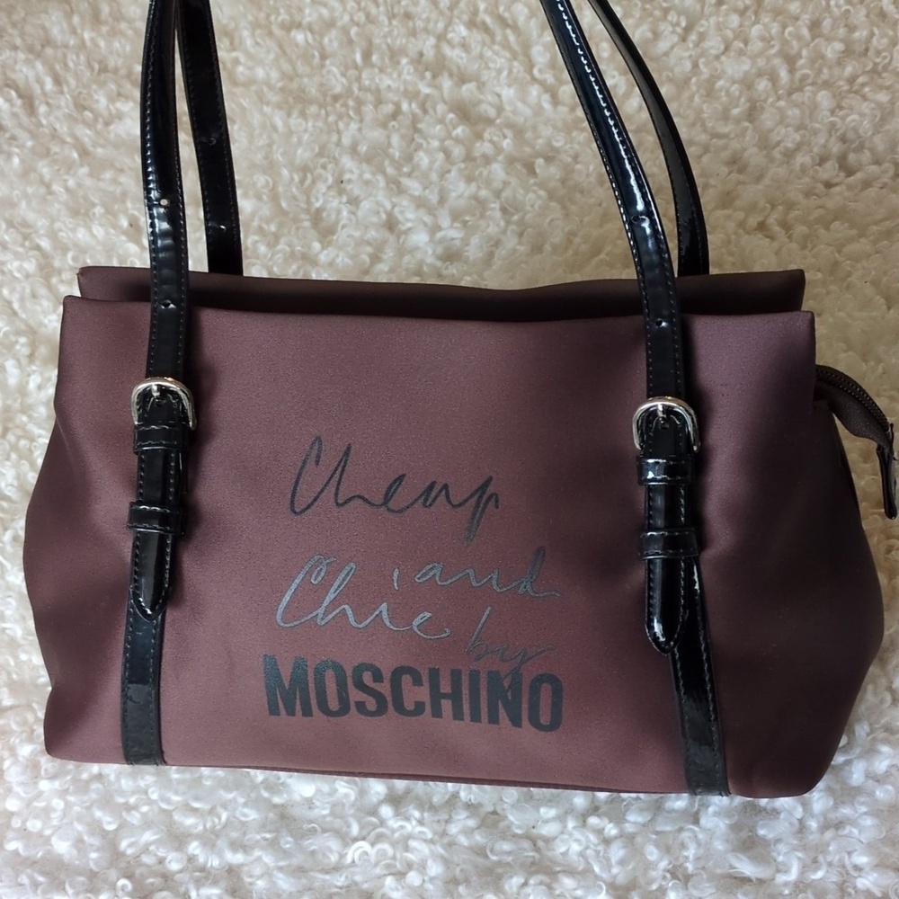 Moschino Brown Shoulder Bag with Black Patent Straps